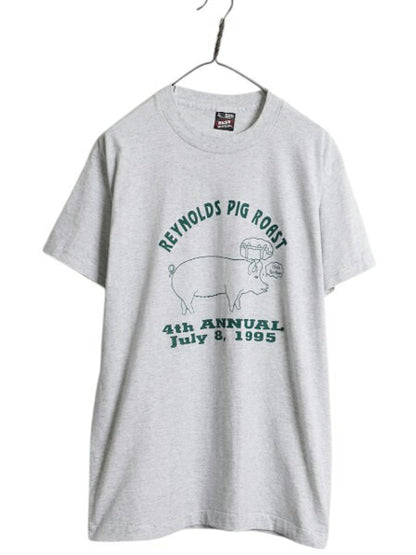 90s USA製 ブタ ジョーク イラスト プリント Tシャツ メンズ L 古着 オールド グラフィック アニマル シングルステッチ カットソー グレー