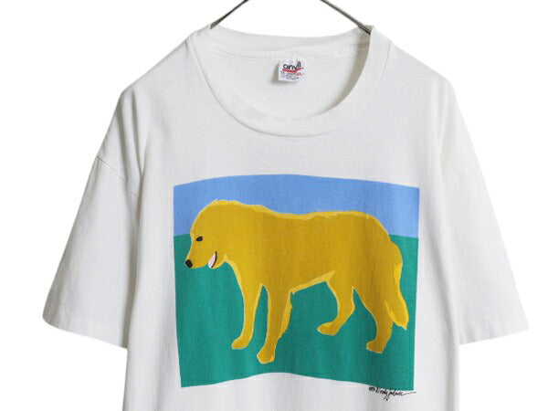 90s USA製 ドッグ アート イラスト プリント Tシャツ メンズ レディース XL / 古着 オールド グラフィック アニマル 大きいサイズ ホワイト