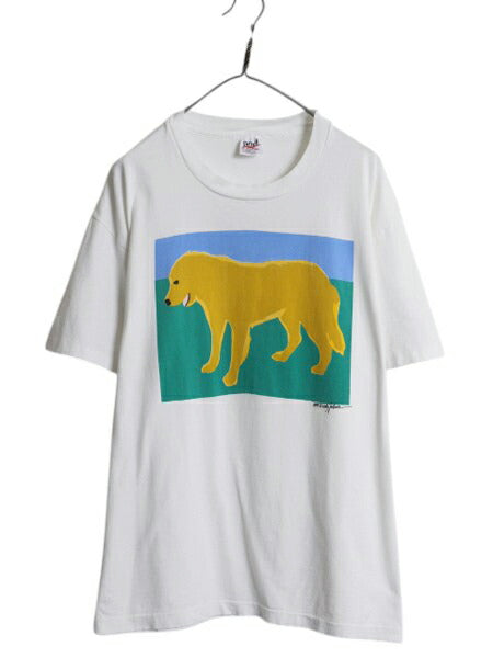 90s USA製 ドッグ アート イラスト プリント Tシャツ メンズ レディース XL / 古着 オールド グラフィック アニマル 大きいサイズ ホワイト