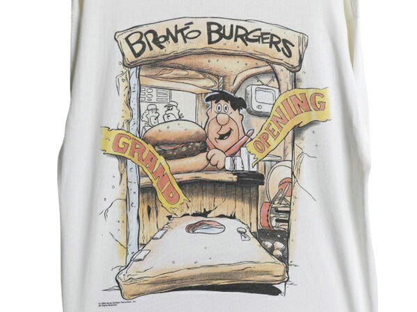 90s フリントストーン 両面 イラスト プリント 半袖 Tシャツ メンズ L / 古着 オールド アニメ キャラクター グラフィック オフィシャル 白