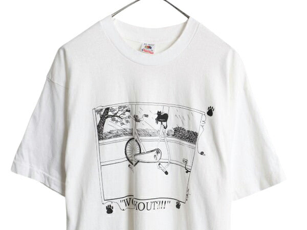 90s USA製 ネコ アート イラスト プリント Tシャツ メンズ XL オールド アニマル メッセージ グラフィック シングルステッチ 大きいサイズ