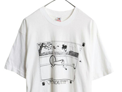 90s USA製 ネコ アート イラスト プリント Tシャツ メンズ XL オールド アニマル メッセージ グラフィック シングルステッチ 大きいサイズ