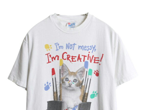 90s USA製 ネコ アート イラスト プリント Tシャツ メンズ レディース M オールド メッセージ アニマル グラフィック シングルステッチ 白