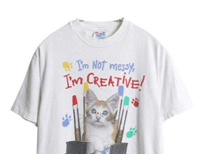 90s USA製 ネコ アート イラスト プリント Tシャツ メンズ レディース M オールド メッセージ アニマル グラフィック シングルステッチ 白