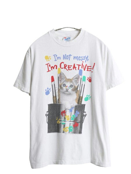 90s USA製 ネコ アート イラスト プリント Tシャツ メンズ レディース M オールド メッセージ アニマル グラフィック シングルステッチ 白