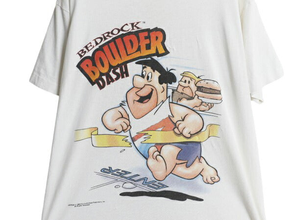 90s フリントストーン 両面 イラスト プリント 半袖 Tシャツ メンズ L / 古着 オールド アニメ キャラクター グラフィック オフィシャル 白