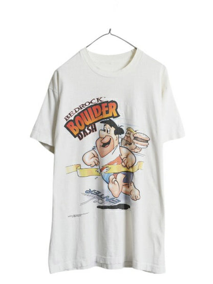 90s フリントストーン 両面 イラスト プリント 半袖 Tシャツ メンズ L / 古着 オールド アニメ キャラクター グラフィック オフィシャル 白