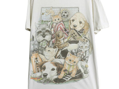 90s USA製 ネコ イヌ イラスト プリント Tシャツ メンズ レディース XXL 程 オールド グラフィック サッカー 大きいサイズ ドッグ キャット