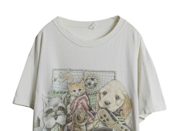 90s USA製 ネコ イヌ イラスト プリント Tシャツ メンズ レディース XXL 程 オールド グラフィック サッカー 大きいサイズ ドッグ キャット