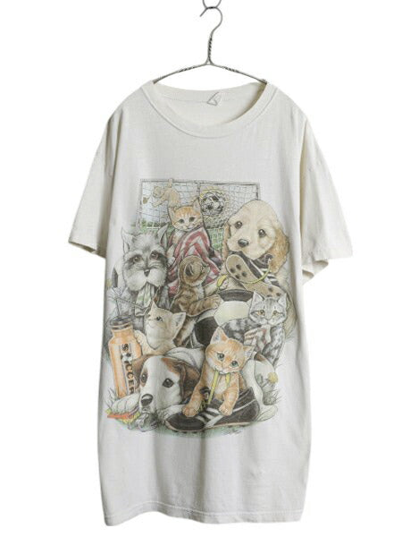 90s USA製 ネコ イヌ イラスト プリント Tシャツ メンズ レディース XXL 程 オールド グラフィック サッカー 大きいサイズ ドッグ キャット