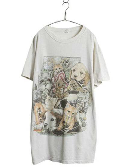90s USA製 ネコ イヌ イラスト プリント Tシャツ メンズ レディース XXL 程 オールド グラフィック サッカー 大きいサイズ ドッグ キャット