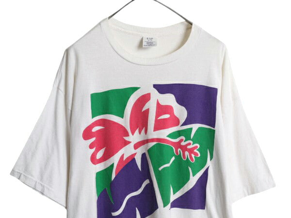 90s USA製 オールド ギャップ アート イラスト プリント Tシャツ メンズ XL グラフィック フラワー ボタニカル トロピカル 大きいサイズ 白