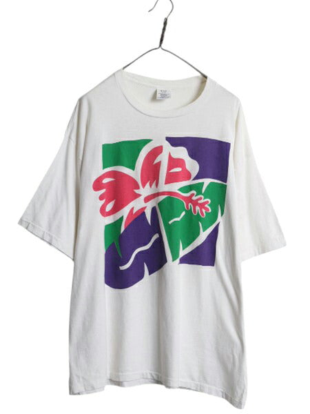 90s USA製 オールド ギャップ アート イラスト プリント Tシャツ メンズ XL グラフィック フラワー ボタニカル トロピカル 大きいサイズ 白