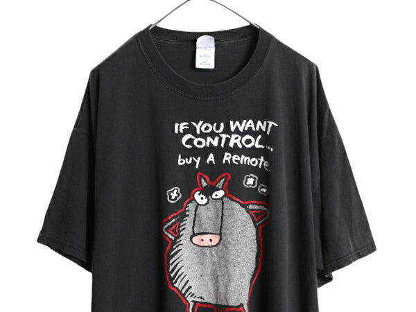 00s メッセージ キャラクター イラスト プリント Tシャツ メンズ XXL / オールド ジョーク グラフィック 大きいサイズ ヘビーウェイト 黒