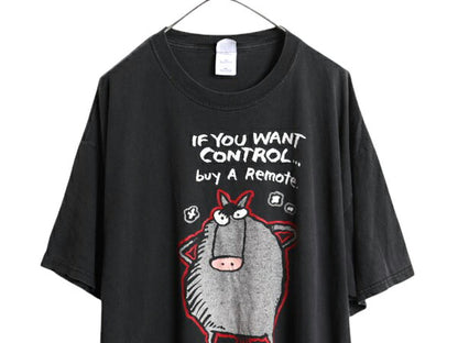 00s メッセージ キャラクター イラスト プリント Tシャツ メンズ XXL / オールド ジョーク グラフィック 大きいサイズ ヘビーウェイト 黒