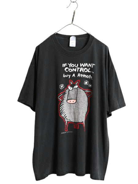 00s メッセージ キャラクター イラスト プリント Tシャツ メンズ XXL / オールド ジョーク グラフィック 大きいサイズ ヘビーウェイト 黒