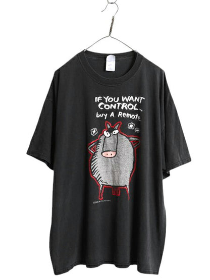 00s メッセージ キャラクター イラスト プリント Tシャツ メンズ XXL / オールド ジョーク グラフィック 大きいサイズ ヘビーウェイト 黒