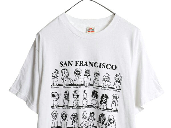 00s おっぱい イラスト プリント Tシャツ メンズ L / オールド エロ 下ネタ ジョーク アート グラフィック キャラクター ヘビーウェイト 白