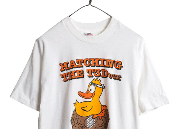 90s USA製 企業 キャラクター イラスト プリント Tシャツ メンズ L / オールド ダック アニマル グラフィック シングルステッチ 当時物 白