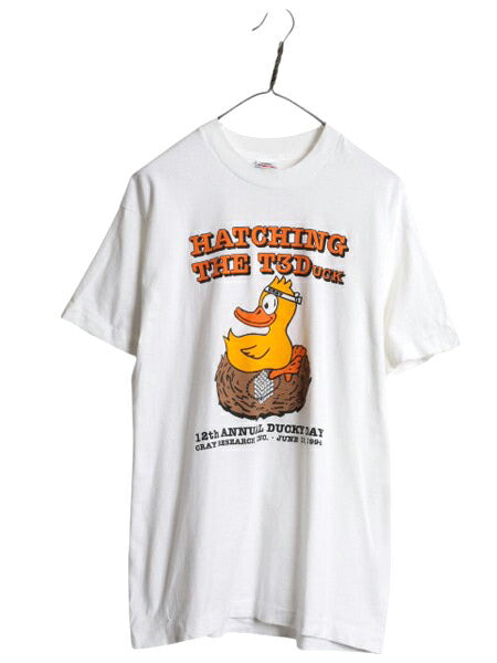 90s USA製 企業 キャラクター イラスト プリント Tシャツ メンズ L / オールド ダック アニマル グラフィック シングルステッチ 当時物 白