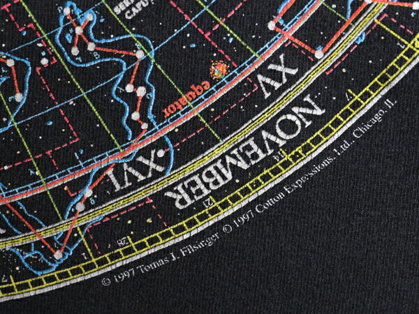 90s 星座 アート イラスト プリント Tシャツ メンズ M / 古着 オールド グラフィック サイエンス 宇宙 天体地図 ヘビーウェイト 黒 当時物