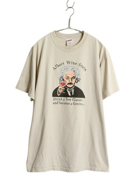 00s アインシュタイン ジョーク イラスト プリント Tシャツ メンズ L 古着 オールド パロディ アート グラフィック キャラクター ベージュ