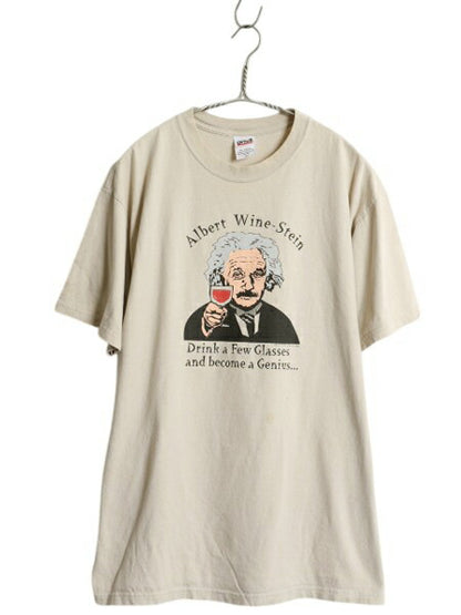 00s アインシュタイン ジョーク イラスト プリント Tシャツ メンズ L 古着 オールド パロディ アート グラフィック キャラクター ベージュ
