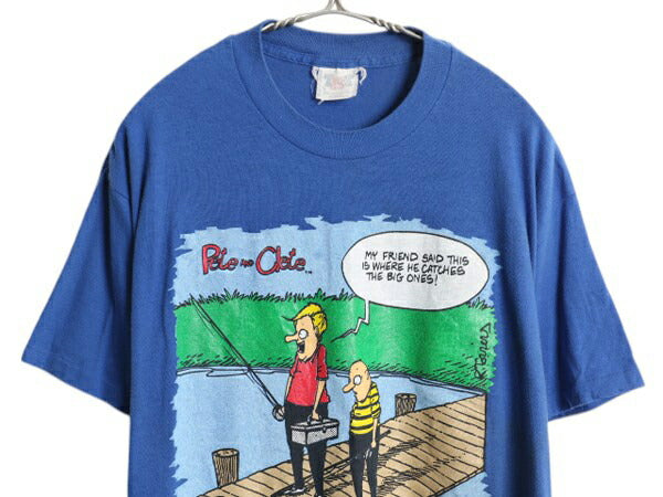 90s USA製 ジョーク キャラクター イラスト プリント Tシャツ メンズ L 古着 オールド グラフィック フィッシング シングルステッチ アート