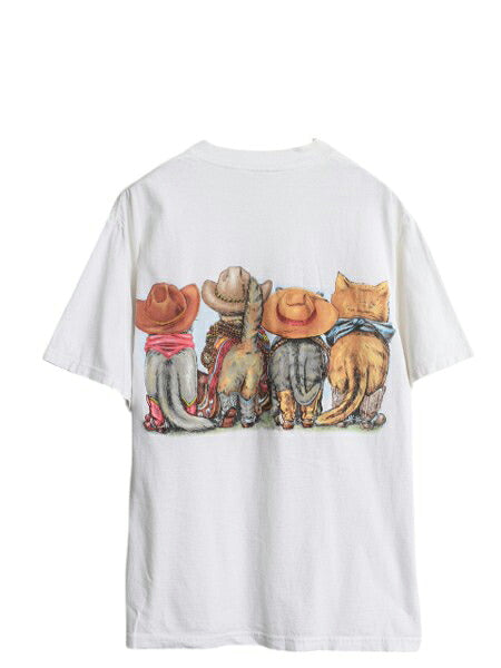 90s ネコ イラスト 両面 プリント 半袖 Tシャツ メンズ レディース L 程 古着 オールド アニマル アート グラフィック ヘビーウェイト 白