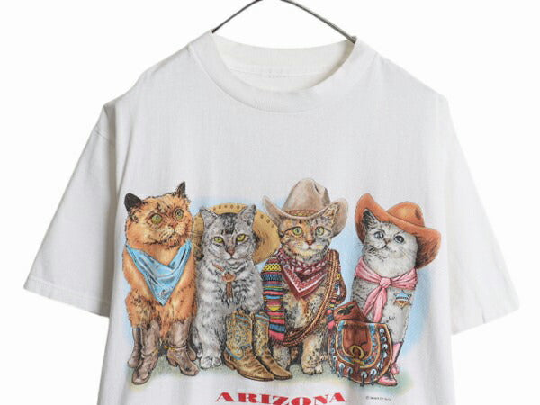90s ネコ イラスト 両面 プリント 半袖 Tシャツ メンズ レディース L 程 古着 オールド アニマル アート グラフィック ヘビーウェイト 白