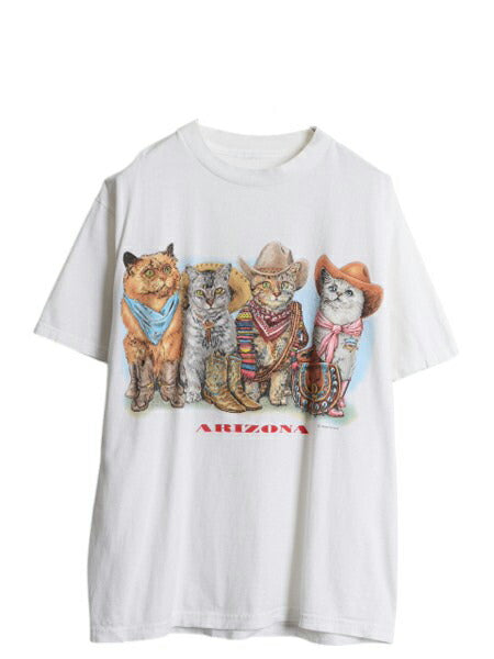 90s ネコ イラスト 両面 プリント 半袖 Tシャツ メンズ レディース L 程 古着 オールド アニマル アート グラフィック ヘビーウェイト 白