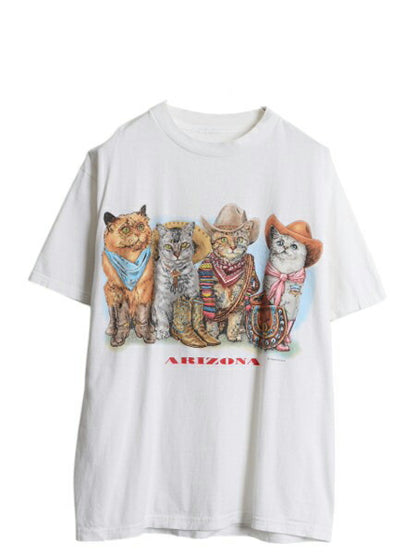 90s ネコ イラスト 両面 プリント 半袖 Tシャツ メンズ レディース L 程 古着 オールド アニマル アート グラフィック ヘビーウェイト 白