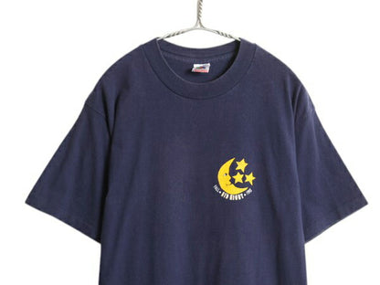 90s USA製 イラスト 両面 プリント Tシャツ L / 古着 オールド カレッジ アート グラフィック 月 太陽 シングルステッチ ヘビーウェイト 紺