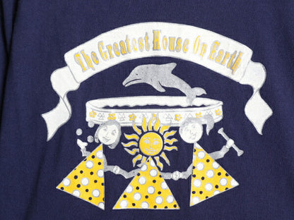 90s USA製 イラスト 両面 プリント Tシャツ L / 古着 オールド カレッジ アート グラフィック 月 太陽 シングルステッチ ヘビーウェイト 紺