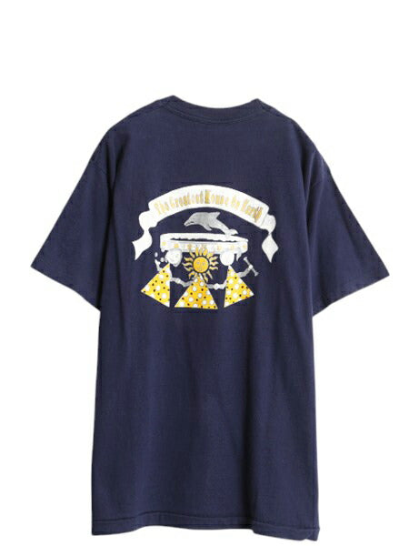 90s USA製 イラスト 両面 プリント Tシャツ L / 古着 オールド カレッジ アート グラフィック 月 太陽 シングルステッチ ヘビーウェイト 紺