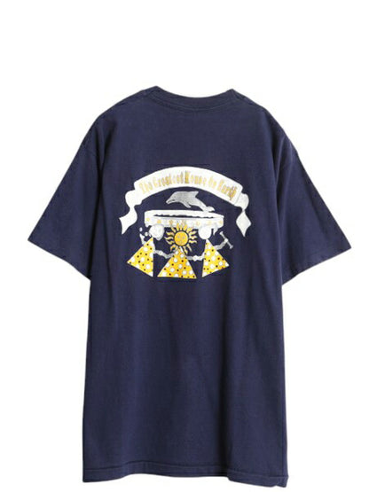 90s USA製 イラスト 両面 プリント Tシャツ L / 古着 オールド カレッジ アート グラフィック 月 太陽 シングルステッチ ヘビーウェイト 紺