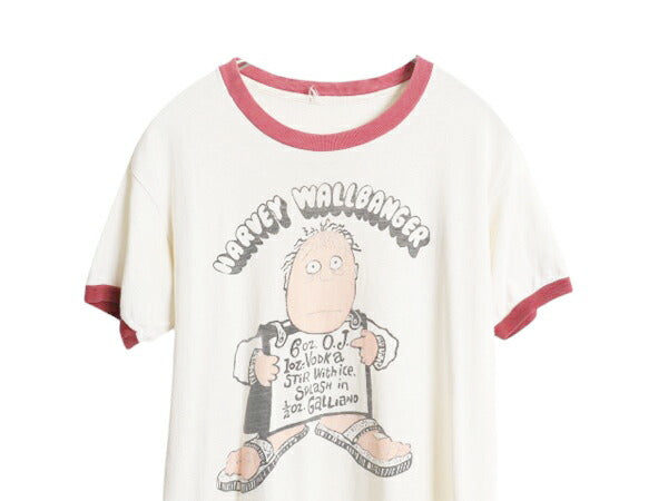 70s キャラクター イラスト 染込み プリント リンガー Tシャツ メンズ S レディース M ヴィンテージ アート グラフィック シングルステッチ