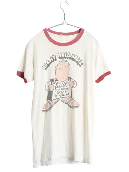 70s キャラクター イラスト 染込み プリント リンガー Tシャツ メンズ S レディース M ヴィンテージ アート グラフィック シングルステッチ