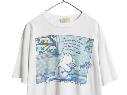 90s USA製 ネコ イラスト プリント Tシャツ メンズ レディース XL オールド アニマル ジョーク キャラクター グラフィック 大きいサイズ 白