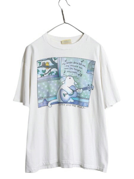 90s USA製 ネコ イラスト プリント Tシャツ メンズ レディース XL オールド アニマル ジョーク キャラクター グラフィック 大きいサイズ 白