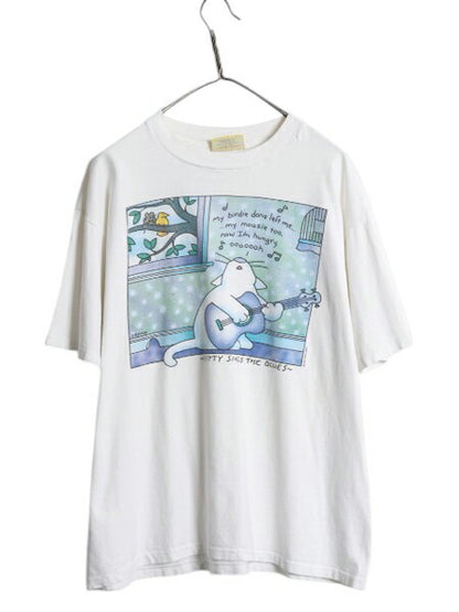 90s USA製 ネコ イラスト プリント Tシャツ メンズ レディース XL オールド アニマル ジョーク キャラクター グラフィック 大きいサイズ 白