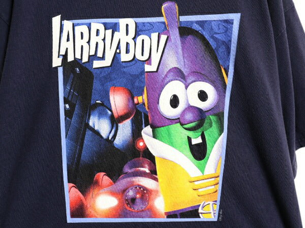 00s ベジタブルテイルズ キャラクター イラスト プリント Tシャツ メンズ レディース XL / オールド ラリーボーイ アニメ 大きいサイズ 紺