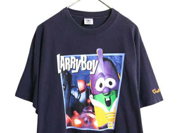 00s ベジタブルテイルズ キャラクター イラスト プリント Tシャツ メンズ レディース XL / オールド ラリーボーイ アニメ 大きいサイズ 紺