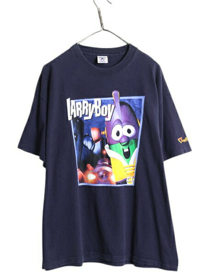 00s ベジタブルテイルズ キャラクター イラスト プリント Tシャツ メンズ レディース XL / オールド ラリーボーイ アニメ 大きいサイズ 紺