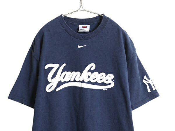 00s ナイキ ヤンキース プリント Tシャツ メンズ L オールド MLB オフィシャル スウッシュ ベースボール 大リーグ 野球 ヘビーウェイト 紺