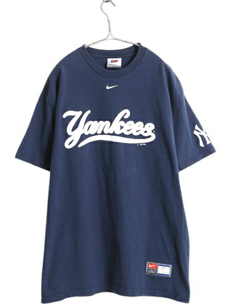 00s ナイキ ヤンキース プリント Tシャツ メンズ L オールド MLB オフィシャル スウッシュ ベースボール 大リーグ 野球 ヘビーウェイト 紺
