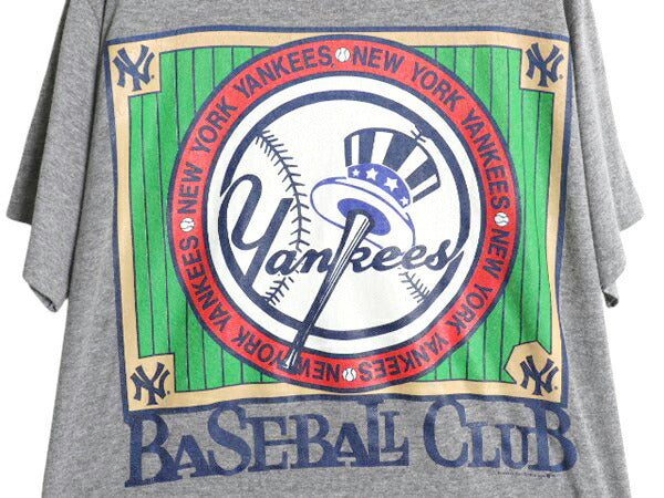 90s USA製 ヤンキース イラスト プリント Tシャツ メンズ L オールド 当時物 MLB オフィシャル シングルステッチ 大リーグ ベースボール 灰