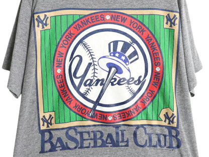 90s USA製 ヤンキース イラスト プリント Tシャツ メンズ L オールド 当時物 MLB オフィシャル シングルステッチ 大リーグ ベースボール 灰