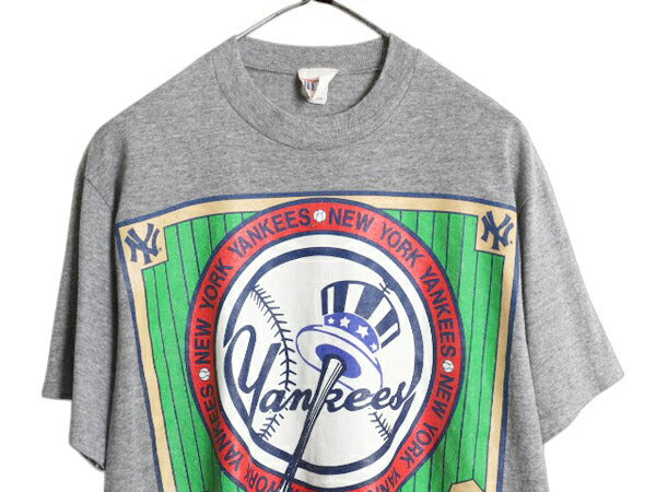 90s USA製 ヤンキース イラスト プリント Tシャツ メンズ L オールド 当時物 MLB オフィシャル シングルステッチ 大リーグ ベースボール 灰