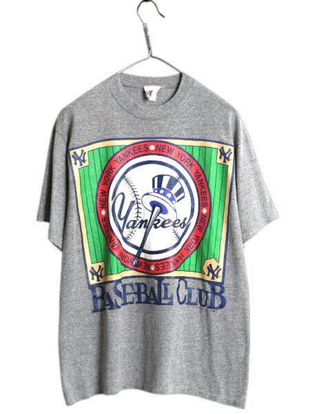 90s USA製 ヤンキース イラスト プリント Tシャツ メンズ L オールド 当時物 MLB オフィシャル シングルステッチ 大リーグ ベースボール 灰